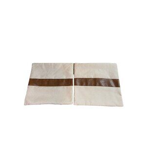 Pilllow Covers Striped Beige & Brown Faux Leather Accent 17x17 Set Of 2